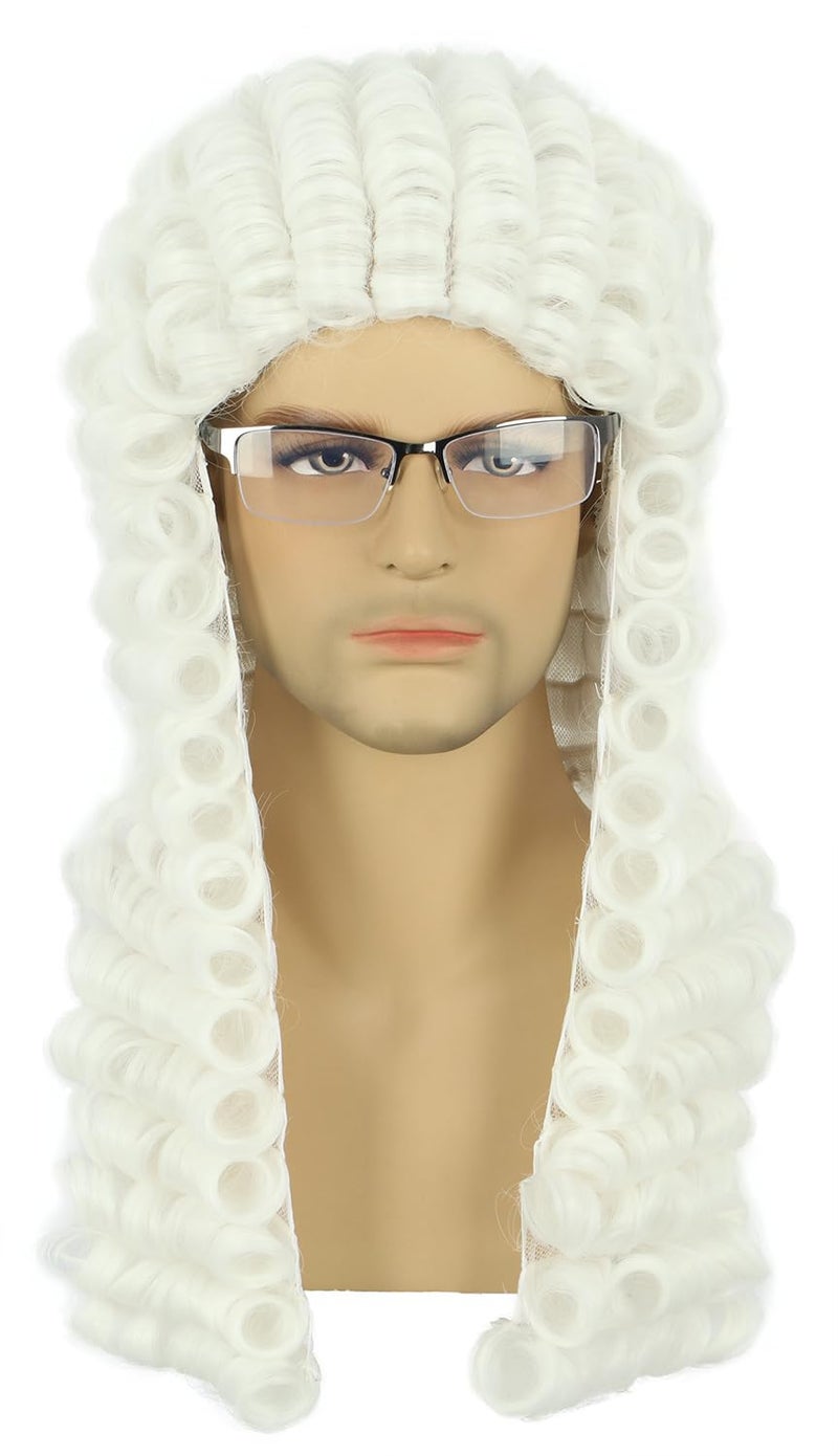 yuehong Long Curly White Wig Barrister Wig Judge Wig Gentleman Lawyer Wig Heat Resistant Synthetic Fibers Wig Soft Durable Breathable Wig