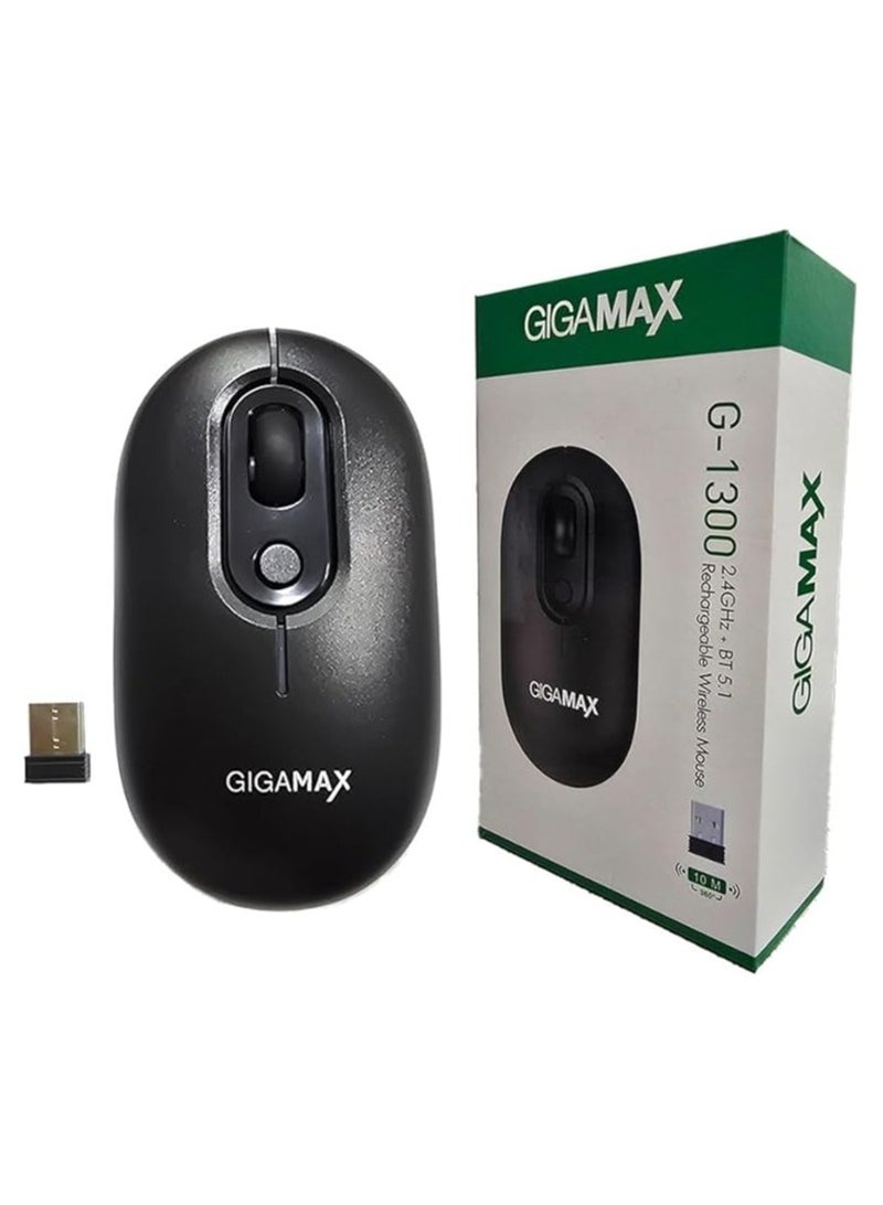 جيجاماكس ماوس مكتب لاسلكي GIGAMAX G-1300 – ماوس بوظيفة مزدوجة (سلكي / لاسلكي) مع 3 أوضاع اتصال (بلوتوث + 2.4 جيجا + سلكي USB)، دقة 1600 DPI، 4 أزرار عملية، بطارية قابلة لإعادة الشحن طويلة الأمد، متوافق مع الكمبيوتر، اللابتوب، وMac - Image 1