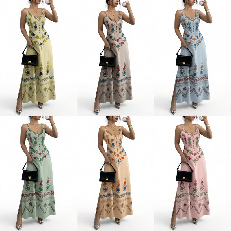 V Neck Floral Print Long Dress with Waist Slimming Design