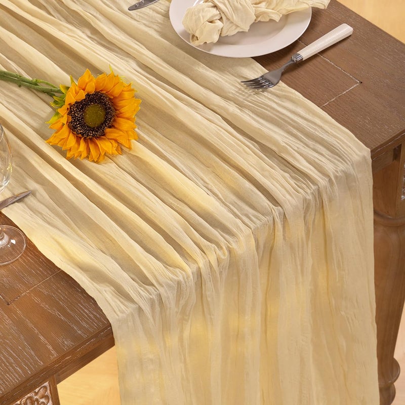 DeZerlor Champagne Gold Cheesecloth Table Runner Summer Sheer Cheese Cloth Table Runner Boho Gauze 120 Inches Summer Table Decorations for Champagne Bridal Shower Wedding Baby Shower Parties