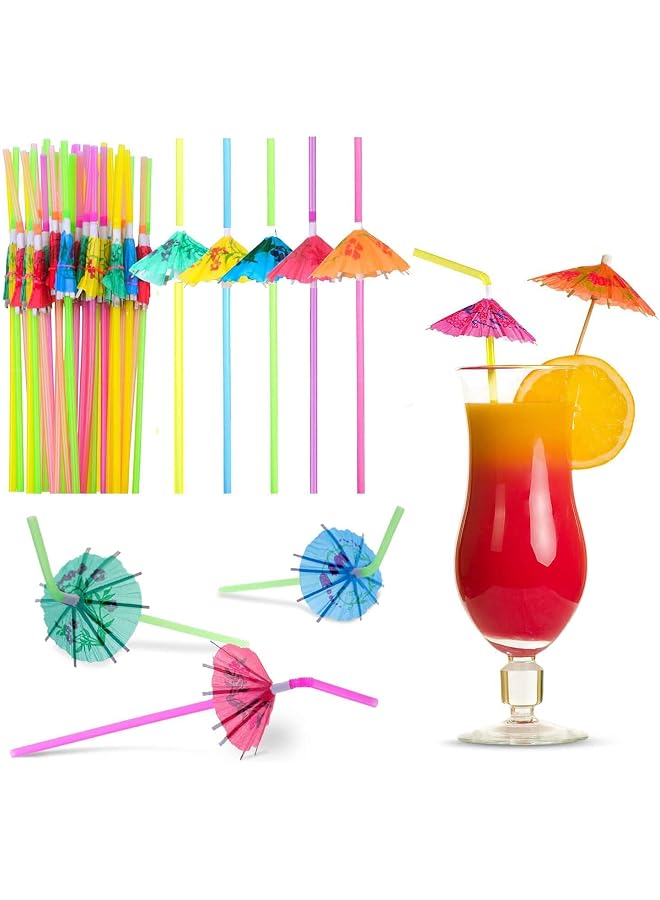 S-TOP 100 Umbrella Parasol Drinking Straws, Umbrella Straws Hawaiian Party Straws for Drinks Decorations (Assorted Colors) - Image 1