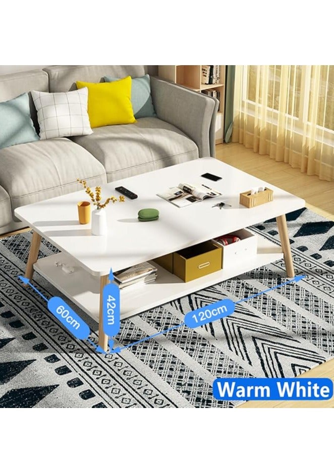 Generic Coffee Table, 2-Tier White Sofa Table with Open Storage Shelf Wood Legs, Modern Furniture Tea Table Side Table Accent End Desk for Home Living Room Bedroom Balcony (Rectangle White 120*60*42 CM)  - Image 2