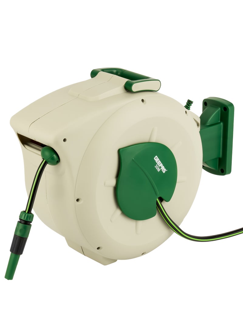 GEEPAS Geepas 30 M Auto Rewind Hose Reel- GWH59379, Stop Anywhere Lock Mechanism and Auto Retract Hose Reel, 180-Degrees Swivel Mount Bracket with Full Set Hand Spray and Hose Settings for Gardening  - Image 1