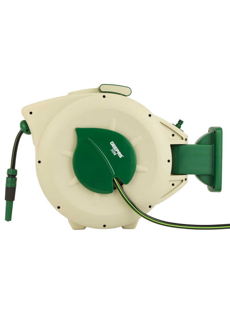 GEEPAS Geepas 30 M Auto Rewind Hose Reel- GWH59379, Stop Anywhere Lock Mechanism and Auto Retract Hose Reel, 180-Degrees Swivel Mount Bracket with Full Set Hand Spray and Hose Settings for Gardening  - Image 2