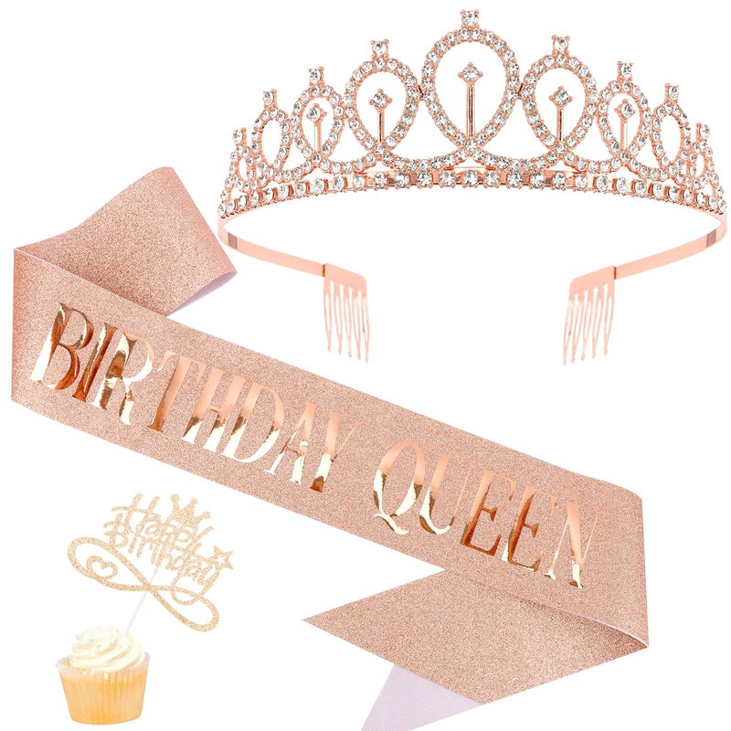 AOPRIE Birthday Queen Sash Tiara  Crowns for Women Birthday Cake Topper Birthday Headbands for Girls Rhinestone Happy Birthday Accessories Favor Supllies Rose Gold Pink 3 Pack