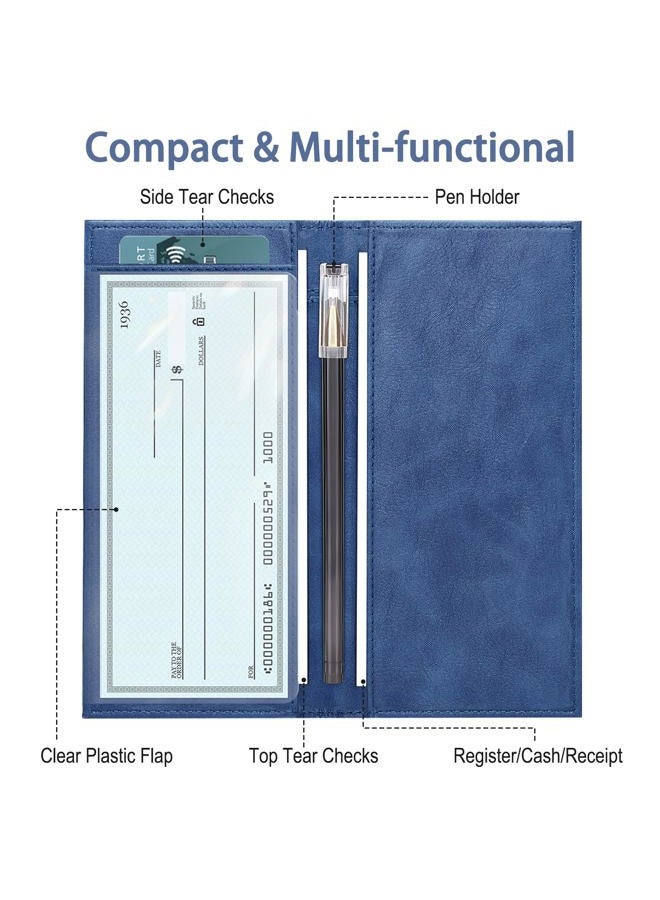 LLi Cufite Leather Checkbook Cover for Top & Side Tear Registers Duplicate Checks with Plastic Insert Flap Card Holder Pen Hoop Slim Wallet for Men Women, Cobalt, 7.01 x 3.50 x 0.3 inches, Classic - Image 2