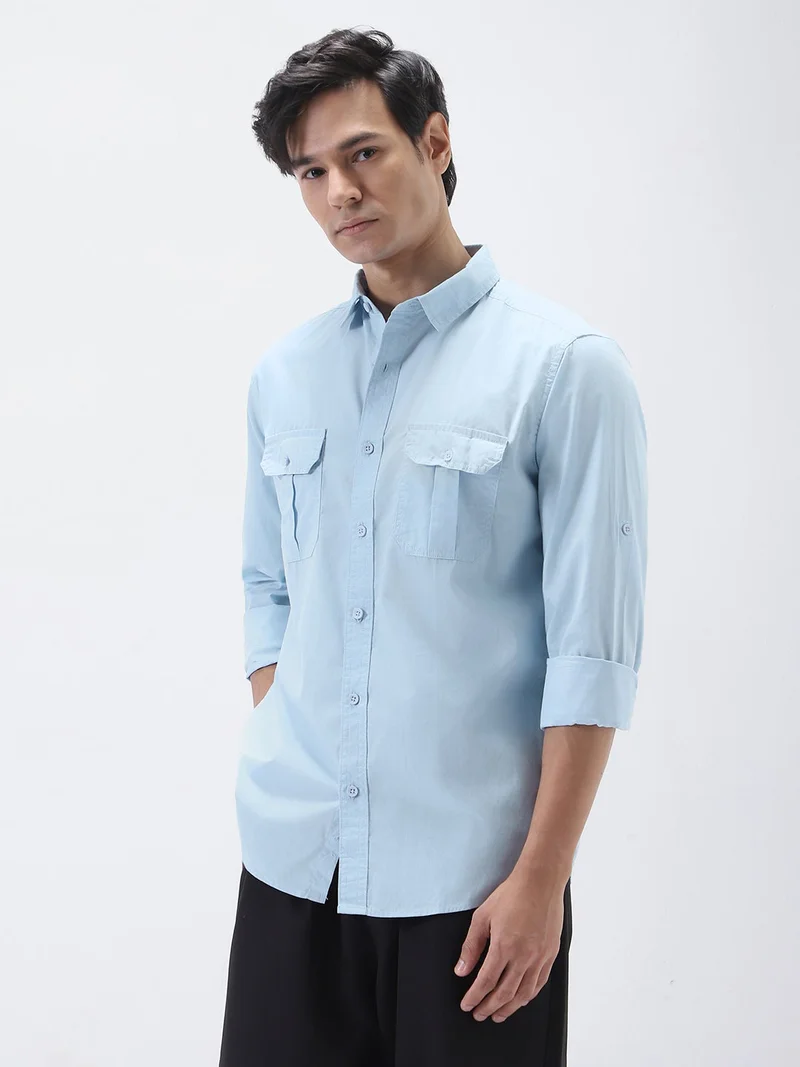 Urbano Fashion Men's Light Blue Cotton Full Sleeve Regular Fit Casual Solid Shirt