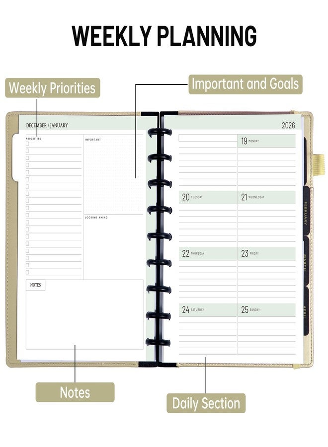 FLYING EAGLE 2026 Planner Weekly and Monthly 12 Months Jan 2026 - Dec 2026 Calendar Planners 7.8 x 9.6in Disc-Bound Hardcover Planner with Tabs, Inner Pocket, Pen Holder, Elastic Closure, Green - Image 4