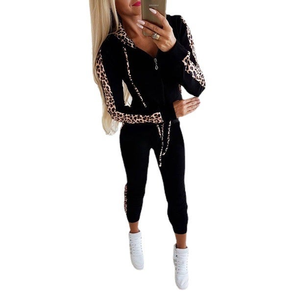 Leopard Print Zip Hoodie  Pants Set White - Image 2