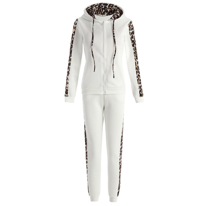 Leopard Print Zip Hoodie  Pants Set White - Image 1