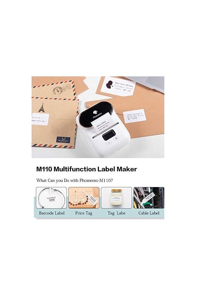 phomemo - Phomemo M110 Portable Thermal Label Printer Bluetooth Connection Apply For Labeling Shipping Office Cable Retail Barcode And More with 1 40×30mm Label Roll White - Image 1