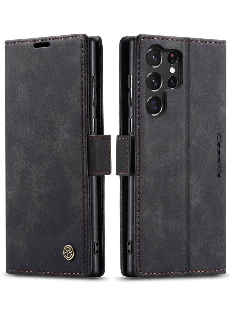 CaseMe Phone Case Luxury PU Leather Design 013 Flip Cover Card Slot Holder Cover For Samsung Galaxy S23 Ultra (Black) - Image 1