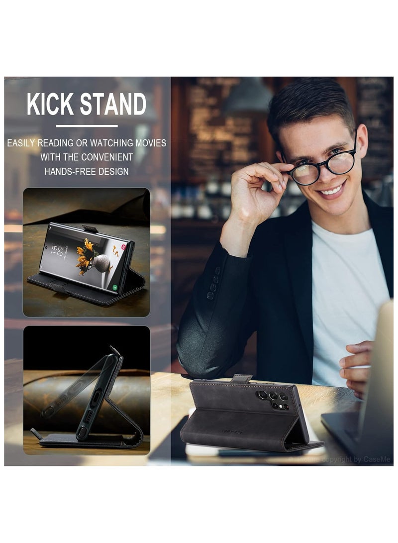 CaseMe Phone Case Luxury PU Leather Design 013 Flip Cover Card Slot Holder Cover For Samsung Galaxy S23 Ultra (Black) - Image 3