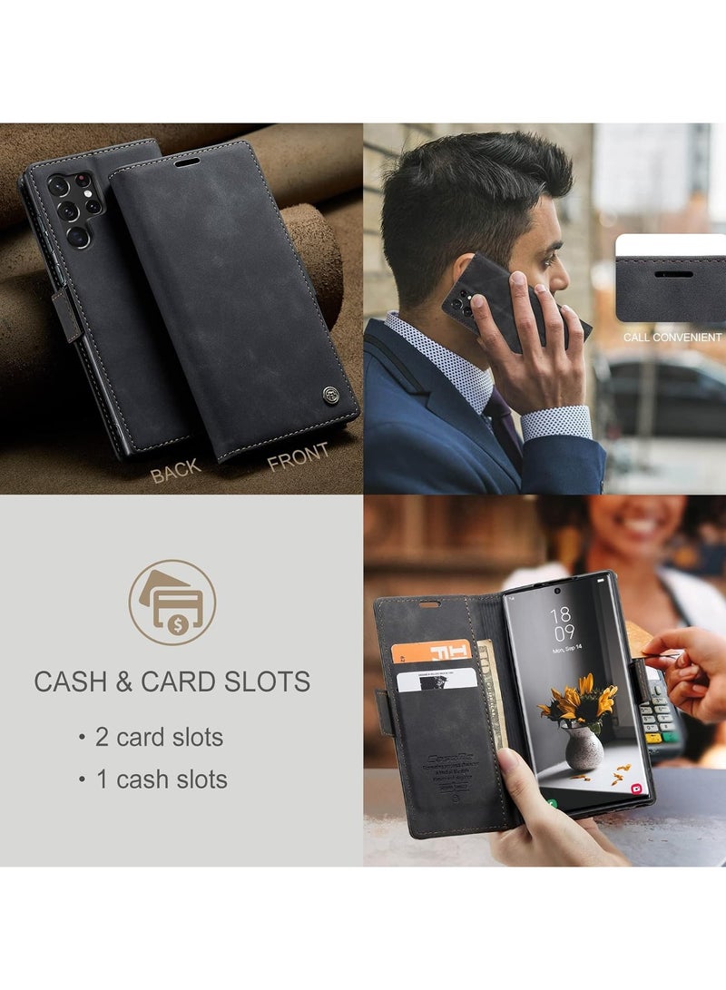 CaseMe Phone Case Luxury PU Leather Design 013 Flip Cover Card Slot Holder Cover For Samsung Galaxy S23 Ultra (Black) - Image 2