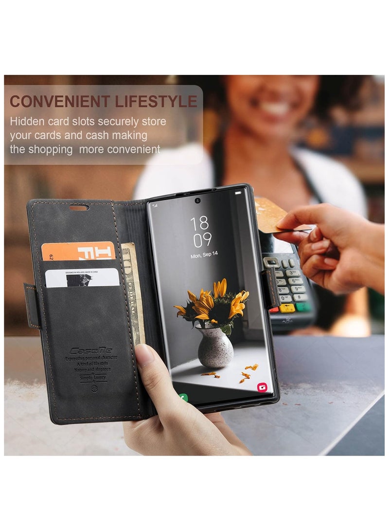 CaseMe Phone Case Luxury PU Leather Design 013 Flip Cover Card Slot Holder Cover For Samsung Galaxy S23 Ultra (Black) - Image 4