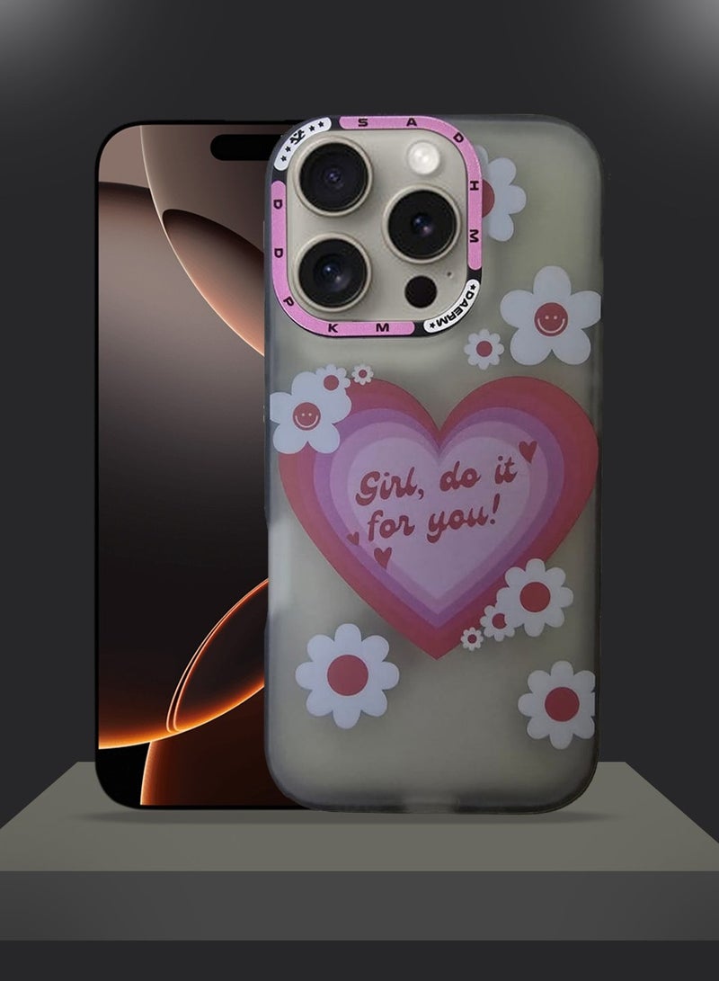 Techie غطاء خلفي مزخرف على شكل قلب مزهر مع واقي عدسة كاميرا بارز لهاتف أبل آيفون 16 برو - Image 5