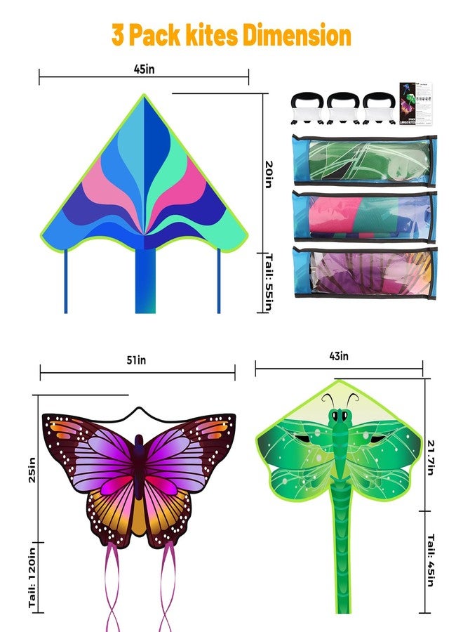 Crogift 3 Pack Large Kites - Butterfly Delta Dragonfly Kites Easy to Fly for Adults Kids Beach Park Outdoor Game Activities, Gifts for Easter and Festival - Image 3
