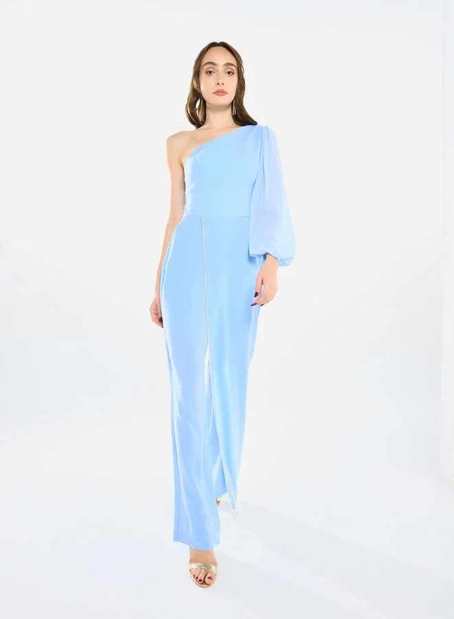 House of Moda Women Crystal Trim One-Shoulder Jumpsuit