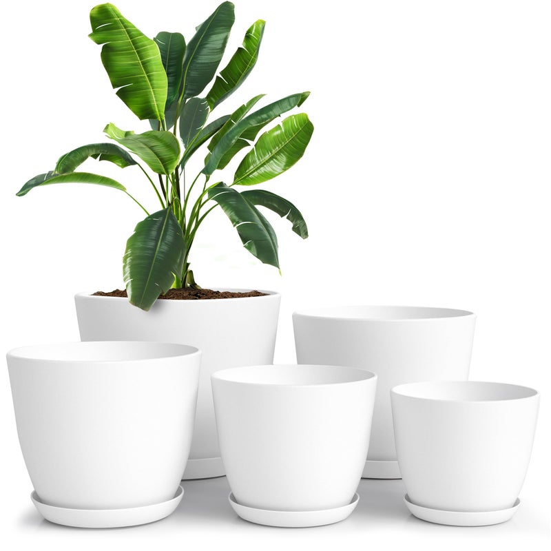 Utopia Home Plant Pots Indoor with Drainage Holes â€“ Set of 5 White Plastic Flower Pots (7/6.6/6/5.3/4.8 Inch) â€“ Modern Planters for Indoor Plants, Room & Office DÃ©cor, Great Stocking Stuffers - Image 1
