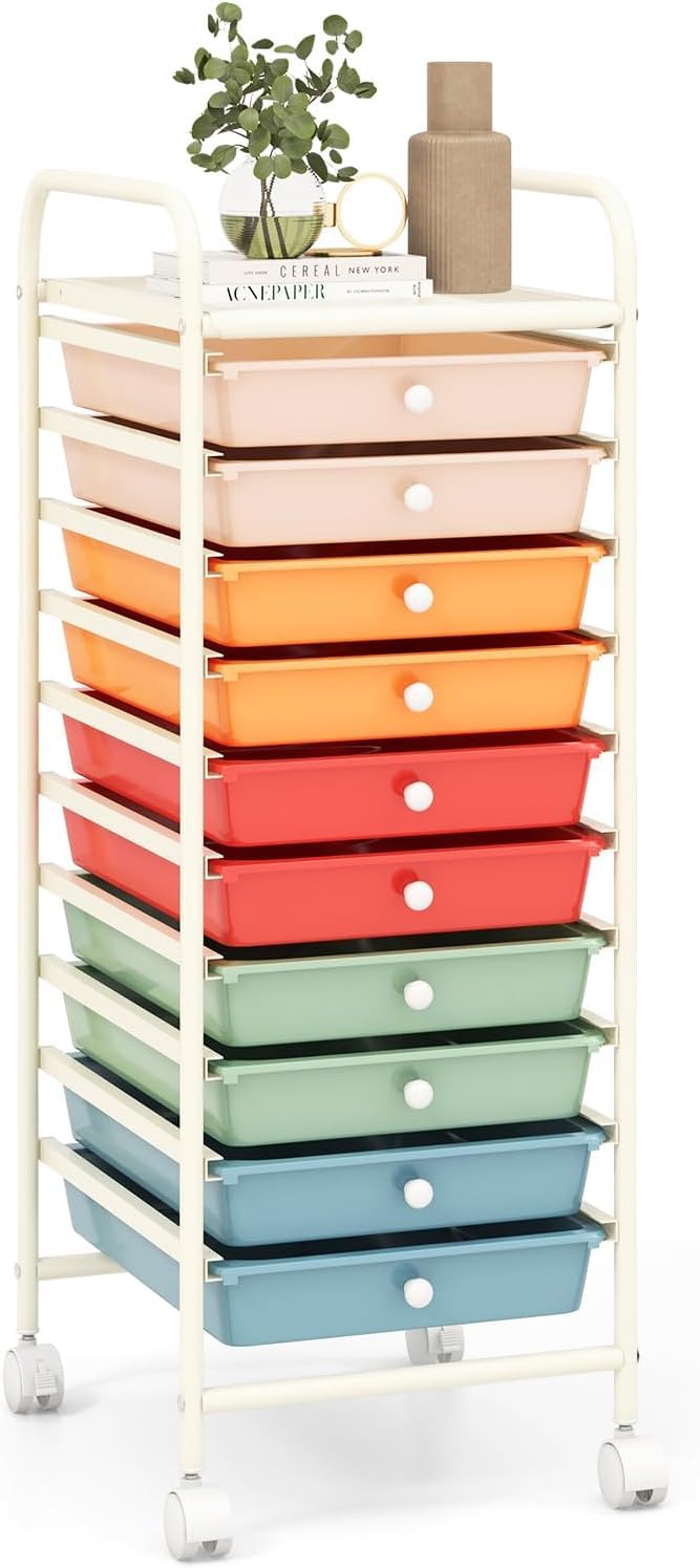 OFFICEJOY Storage Cart Rolling Utility Cart with 10 Drawers Portable Handles Lockable Wheels Mobile Paper Toys Storage Organizer Large Capacity for Home Office School Teacher Macaron
