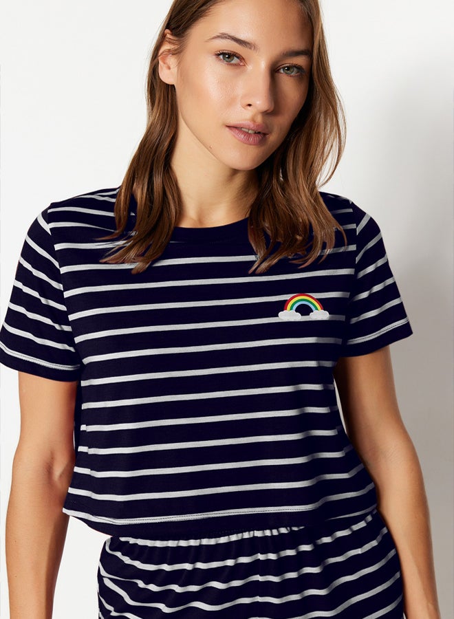 trendyol Navy Blue Rainbow Printed T-shirt-Shorts Knitted Pajamas Set THMSS20PT0230 - Image 2