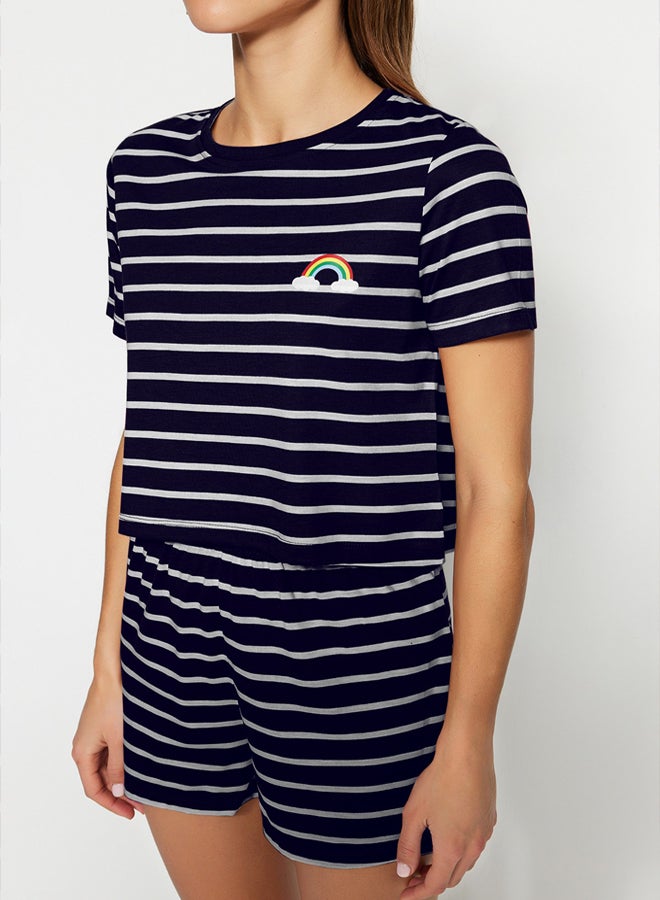 trendyol Navy Blue Rainbow Printed T-shirt-Shorts Knitted Pajamas Set THMSS20PT0230 - Image 4