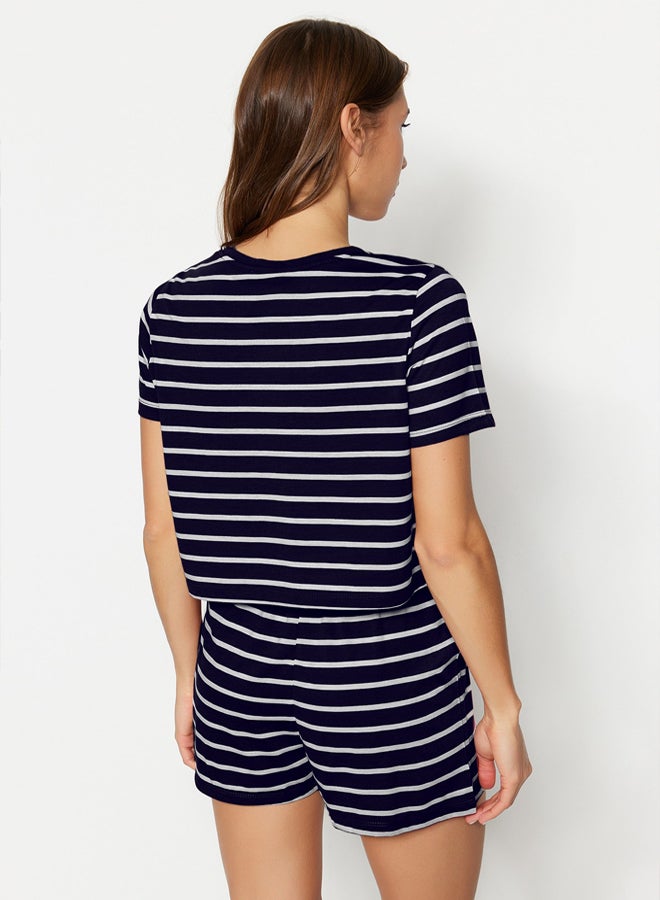 trendyol Navy Blue Rainbow Printed T-shirt-Shorts Knitted Pajamas Set THMSS20PT0230 - Image 5