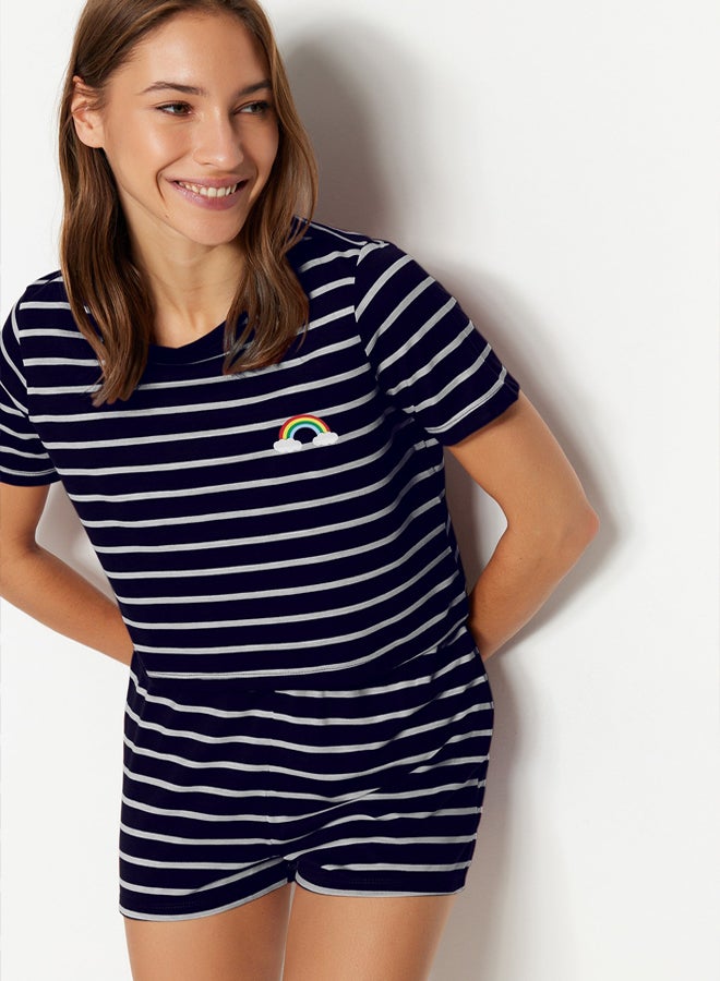 trendyol Navy Blue Rainbow Printed T-shirt-Shorts Knitted Pajamas Set THMSS20PT0230 - Image 3