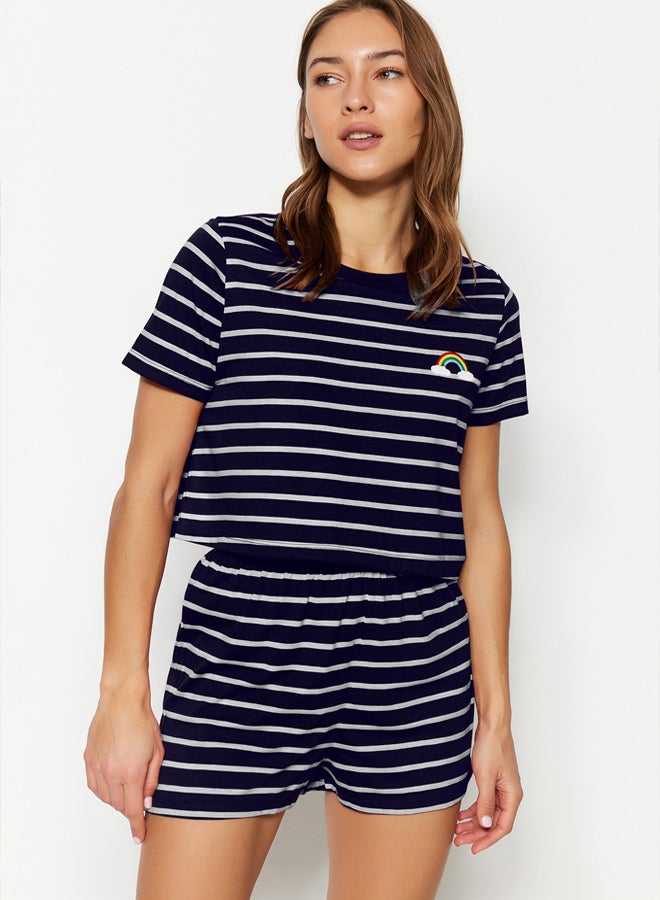 trendyol Navy Blue Rainbow Printed T-shirt-Shorts Knitted Pajamas Set THMSS20PT0230 - Image 1