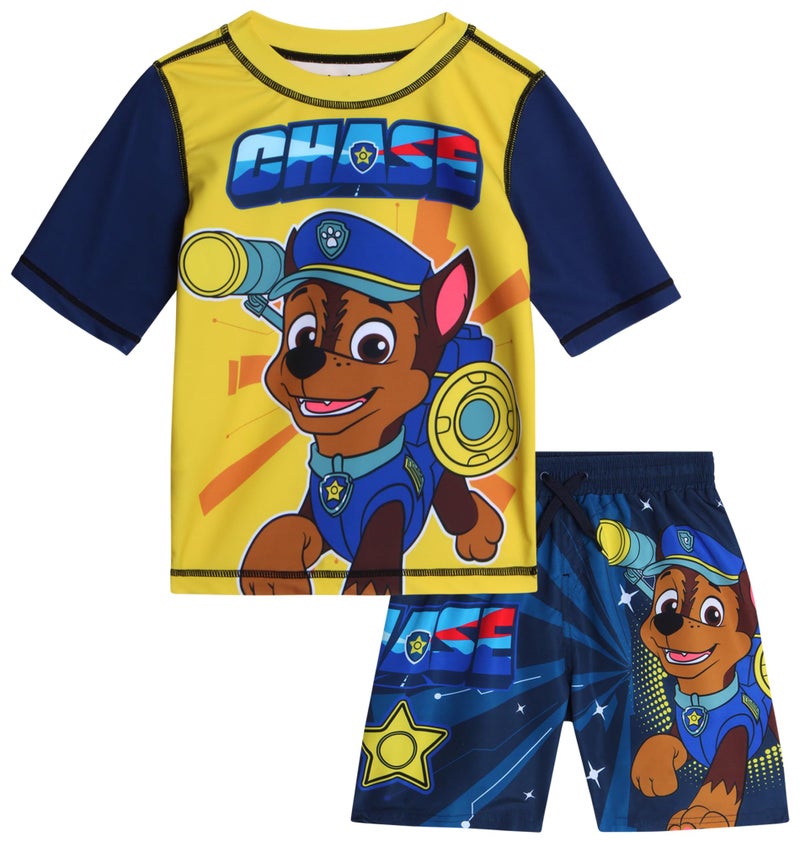 Nickelodeon Paw Patrol Boys Rash Guard Set 2 Piece Chase Marshall TMNT UPF50 Swim Shirt Swim Trunks for Toddler Big Kid Size 3T Chase YellowNavy - Image 2