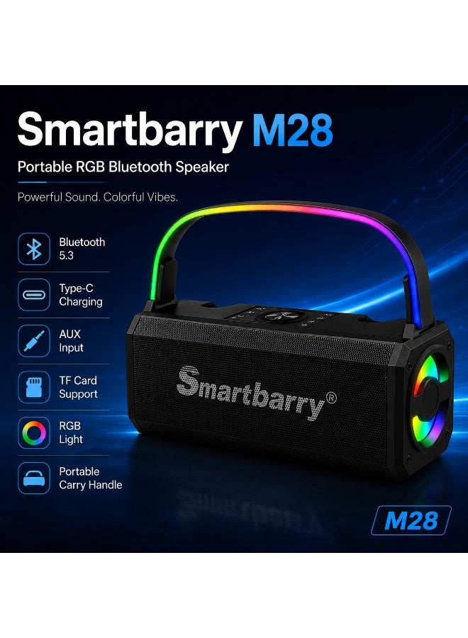 Smartbarry M28 Wireless Portable Bluetooth Speaker Featuring Vibrant RGB Lighting, Deep Bass Audio Performance, Type-C Charging Port, AUX Input, TF Card Slot and Easy Carry Handle Design – Black - Image 5