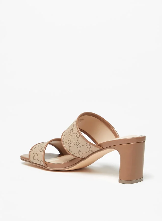 Celeste Womens Monogram Print Slip-On Sandals With Block Heels