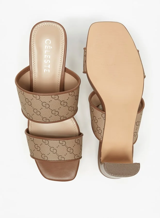 Celeste Womens Monogram Print Slip-On Sandals With Block Heels