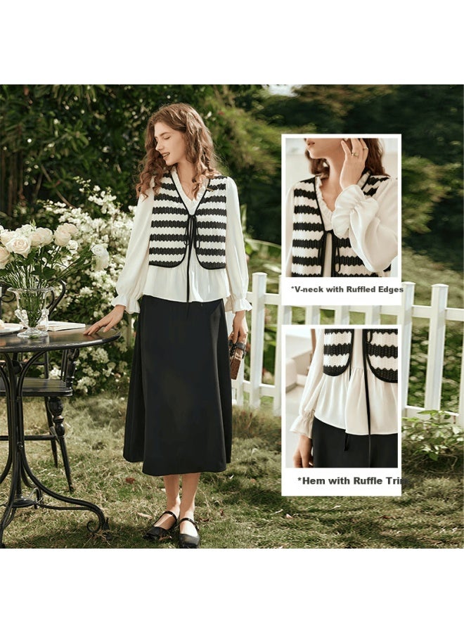 Olrain French Style Vest Spliced Chiffon Blouse Women Autumn Elegant Fake Two-piece Top Black And White M