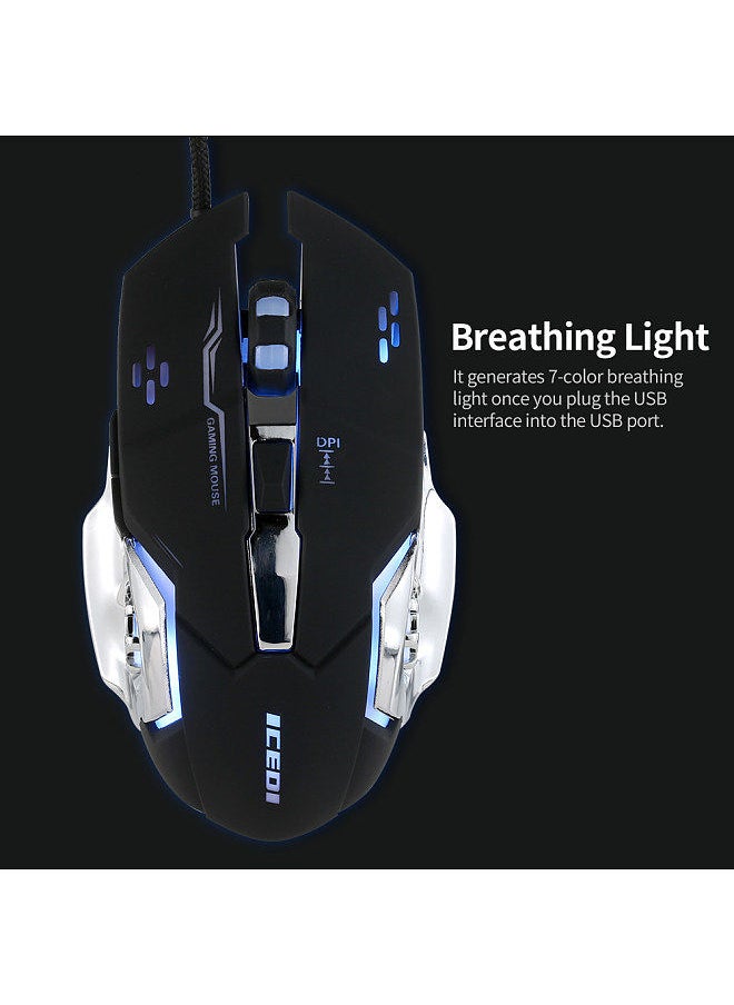 Wired Gaming Mouse 3600 DPI Optical Mouse Ergonomic Mouse 4 Adjustable DPI Levels/6 Buttons/7-Color Breathing Light Black