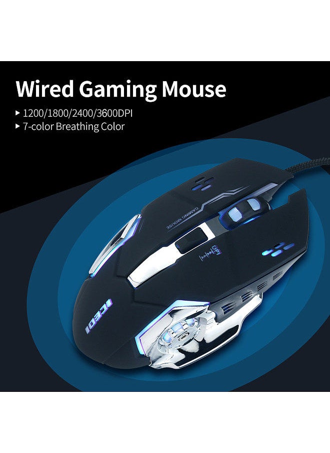 Wired Gaming Mouse 3600 DPI Optical Mouse Ergonomic Mouse 4 Adjustable DPI Levels/6 Buttons/7-Color Breathing Light Black
