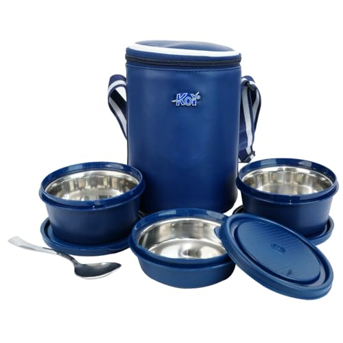KOI Insulated Lunch Box Set | 3 Inside Steel Containers (290ml, 450ml, 600ml) with BPA Free Lids | Leakproof Microwave Safe Tiffin | Adjustable Shoulder Strap Lunch Bag for Office Travel Use (Blue) - Image 1