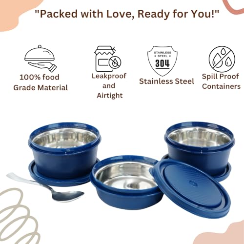 KOI Insulated Lunch Box Set | 3 Inside Steel Containers (290ml, 450ml, 600ml) with BPA Free Lids | Leakproof Microwave Safe Tiffin | Adjustable Shoulder Strap Lunch Bag for Office Travel Use (Blue) - Image 4