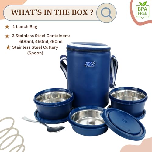 KOI Insulated Lunch Box Set | 3 Inside Steel Containers (290ml, 450ml, 600ml) with BPA Free Lids | Leakproof Microwave Safe Tiffin | Adjustable Shoulder Strap Lunch Bag for Office Travel Use (Blue) - Image 3