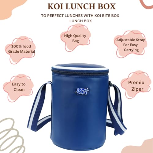 KOI Insulated Lunch Box Set | 3 Inside Steel Containers (290ml, 450ml, 600ml) with BPA Free Lids | Leakproof Microwave Safe Tiffin | Adjustable Shoulder Strap Lunch Bag for Office Travel Use (Blue) - Image 5