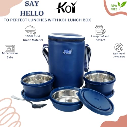 KOI Insulated Lunch Box Set | 3 Inside Steel Containers (290ml, 450ml, 600ml) with BPA Free Lids | Leakproof Microwave Safe Tiffin | Adjustable Shoulder Strap Lunch Bag for Office Travel Use (Blue) - Image 2