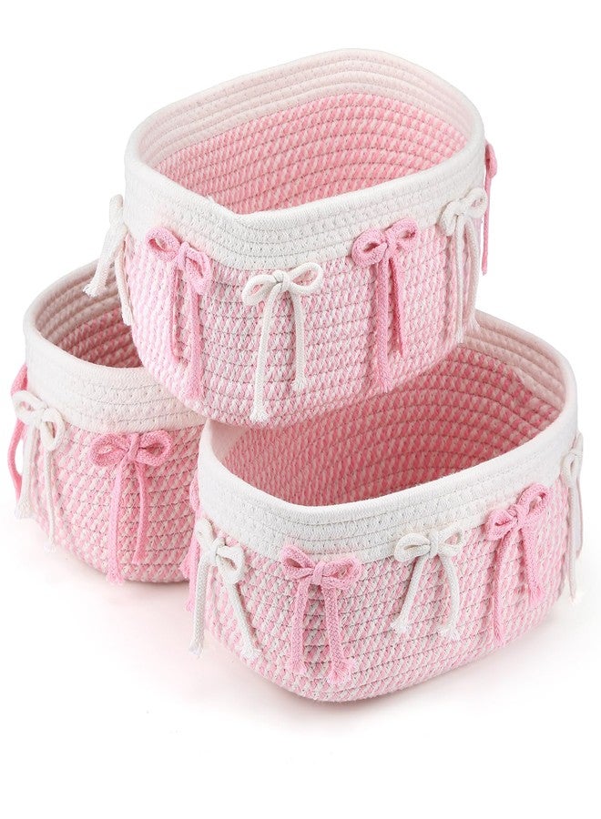 Geelin 3 Pcs Pink Bow Baskets Laundry Hamper Cute Coquette Woven Rope Gift Baskets Rectangle Shelf Organizer Storage Bins for Closet Bedroom Nursery Toys Organizing, 11.8''x7.8''x4.7'' - Image 1