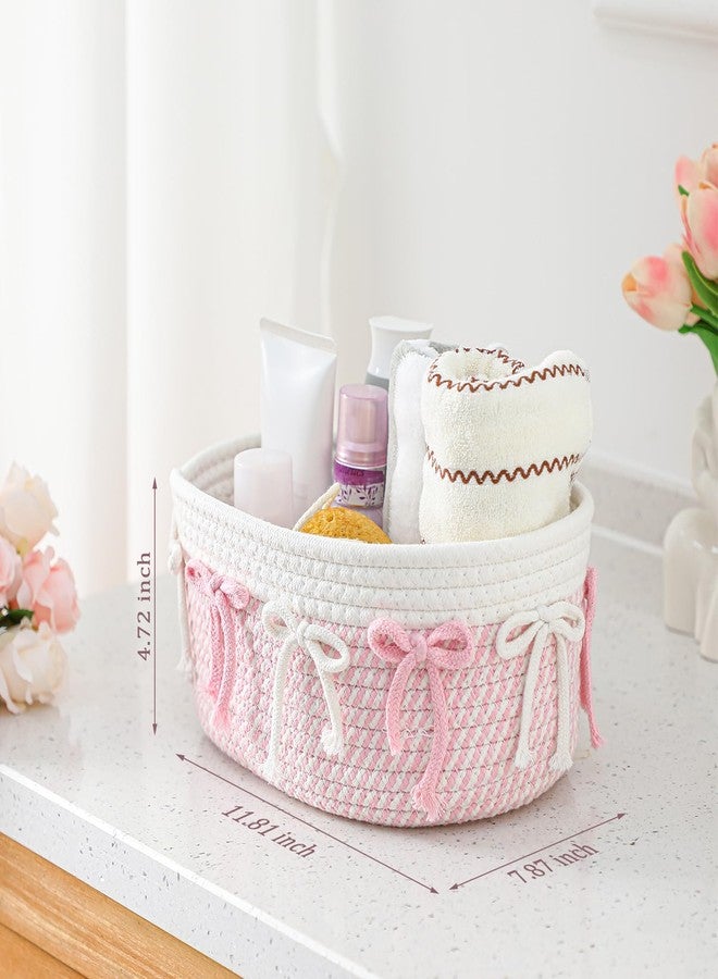 Geelin 3 Pcs Pink Bow Baskets Laundry Hamper Cute Coquette Woven Rope Gift Baskets Rectangle Shelf Organizer Storage Bins for Closet Bedroom Nursery Toys Organizing, 11.8''x7.8''x4.7'' - Image 4