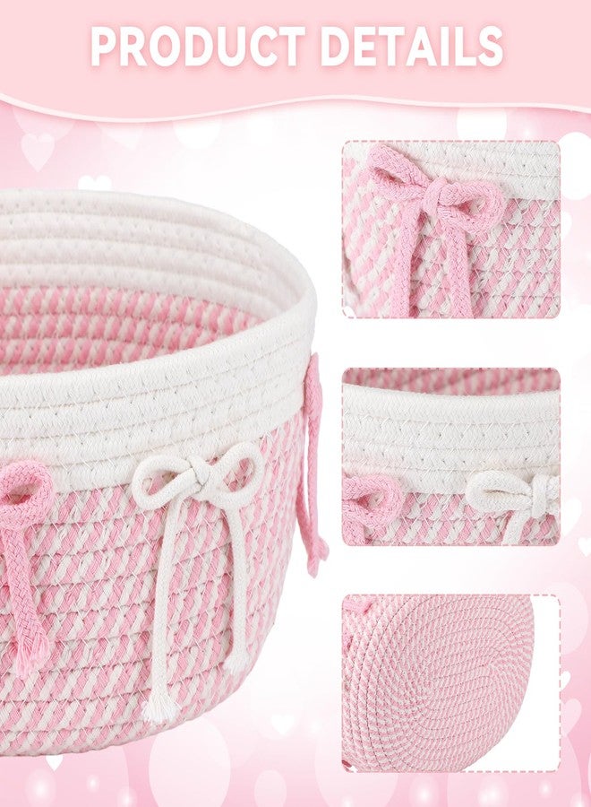 Geelin 3 Pcs Pink Bow Baskets Laundry Hamper Cute Coquette Woven Rope Gift Baskets Rectangle Shelf Organizer Storage Bins for Closet Bedroom Nursery Toys Organizing, 11.8''x7.8''x4.7'' - Image 3