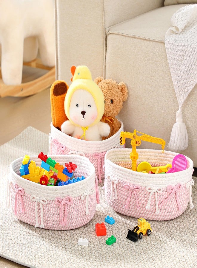 Geelin 3 Pcs Pink Bow Baskets Laundry Hamper Cute Coquette Woven Rope Gift Baskets Rectangle Shelf Organizer Storage Bins for Closet Bedroom Nursery Toys Organizing, 11.8''x7.8''x4.7'' - Image 5