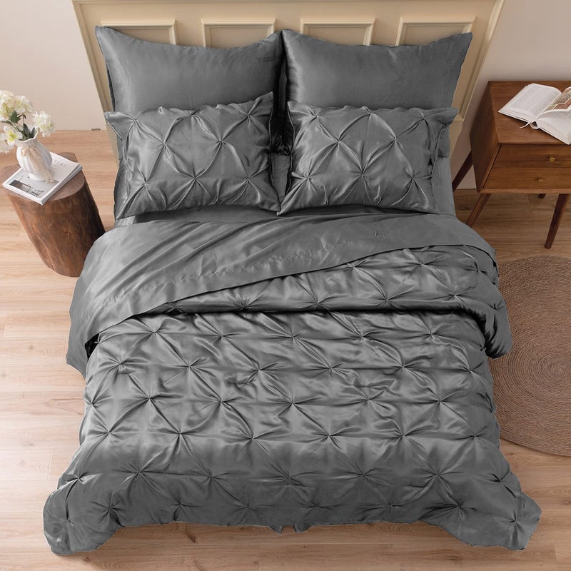 MRHM Satin Comforter King 7 Pieces  Luxurious Pinch Pleat Bedding Set with Comforter Flat Sheet Fitted Sheet Pillowcases  Shams Super Silky Soft Bed Set for All Season King Dark Grey
