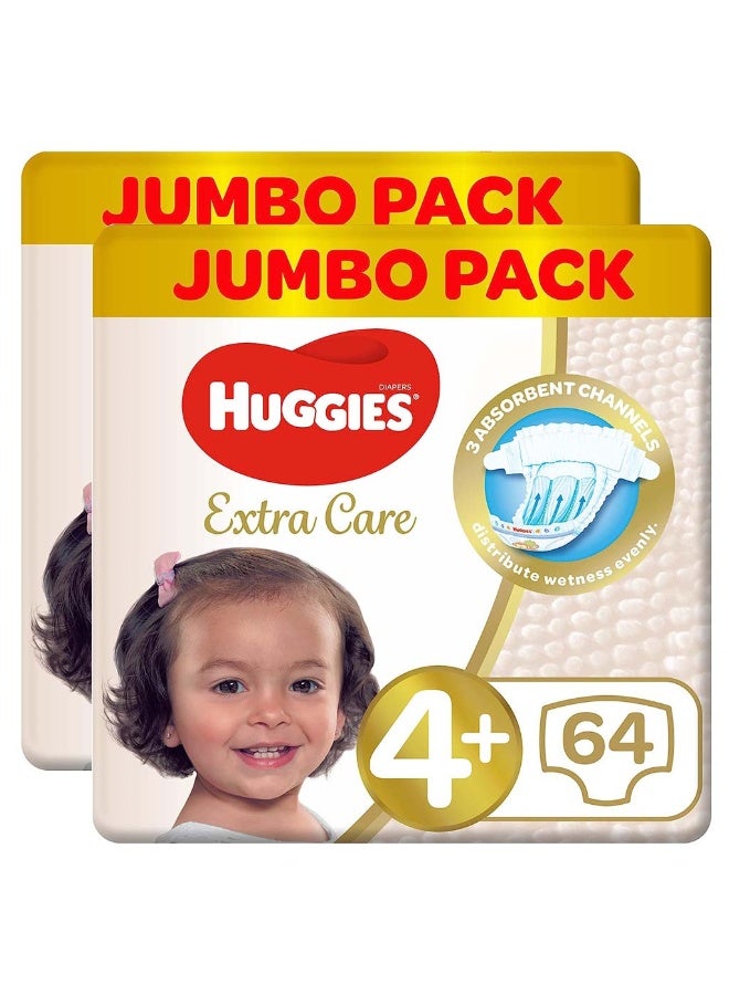 HUGGIES Extra Care Baby Diapers, Size 4+, For 10-16Kg, Promo Jumbo Pack of 2 x 64’s