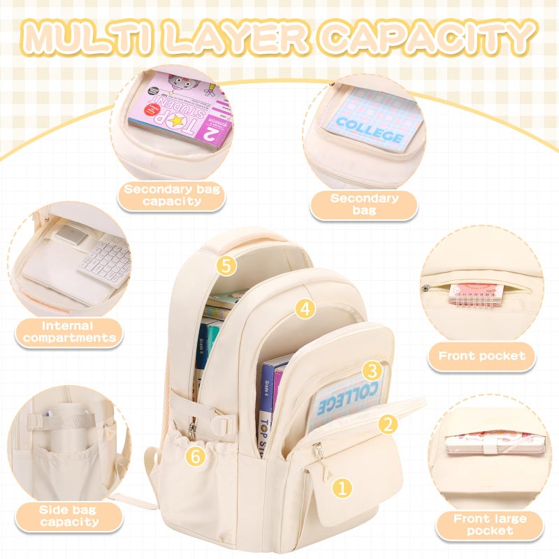AFGWK Cute Backpack for School Teen Girls Beige Bookbag Aesthetic Womens Travel Book Bags for School Kids Student Back Packs - Image 3