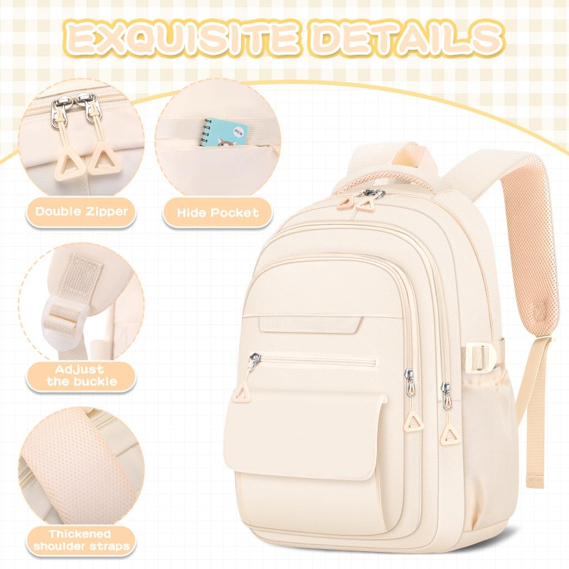 AFGWK Cute Backpack for School Teen Girls Beige Bookbag Aesthetic Womens Travel Book Bags for School Kids Student Back Packs - Image 4