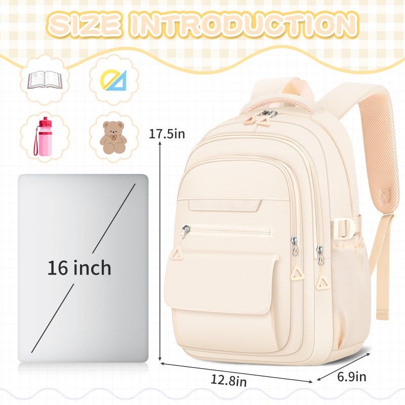 AFGWK Cute Backpack for School Teen Girls Beige Bookbag Aesthetic Womens Travel Book Bags for School Kids Student Back Packs - Image 2